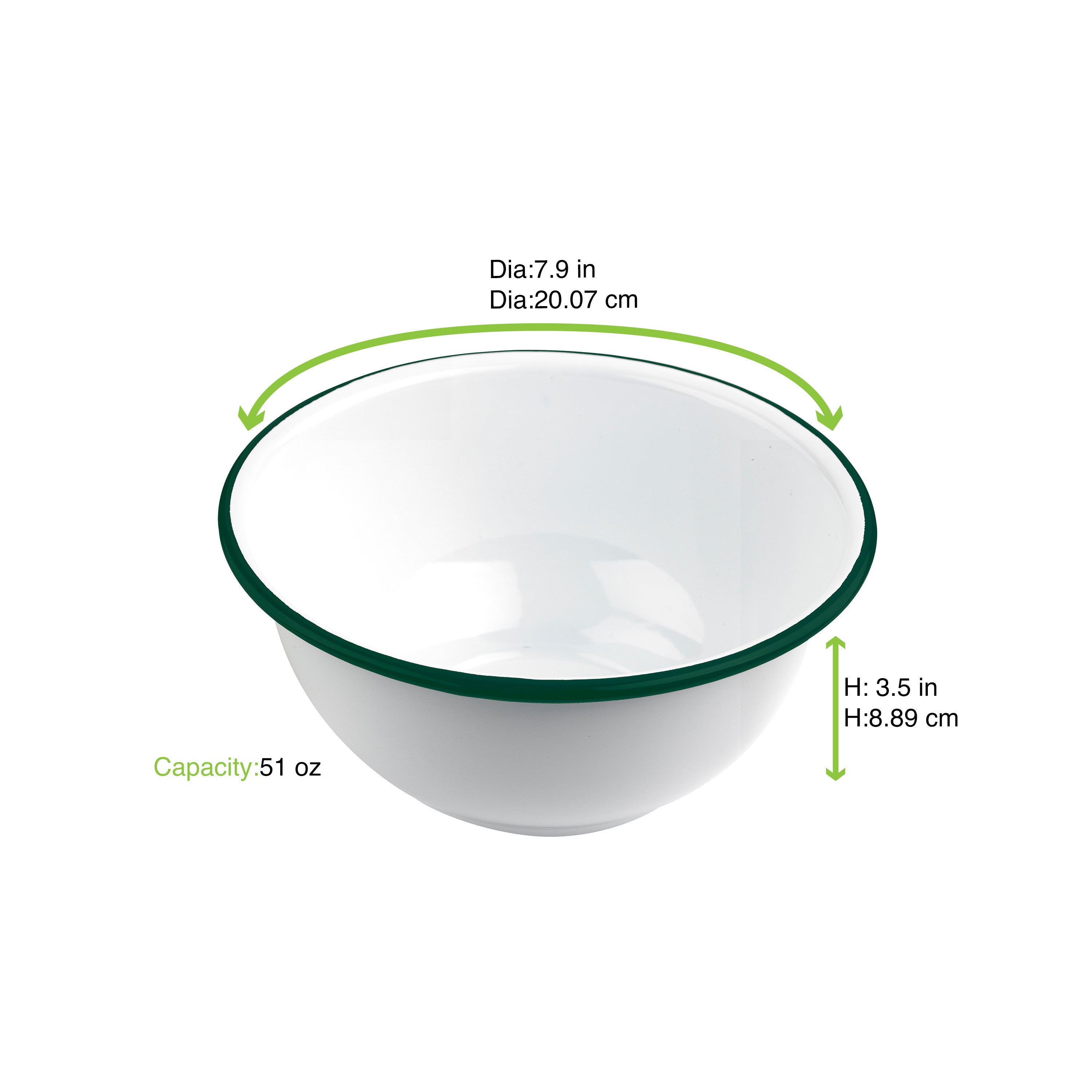 12Pcs - Bol Enamel blanc en acier émaillé  à bord vert   H90mm 1500ml FirstPack - Mathon - 2