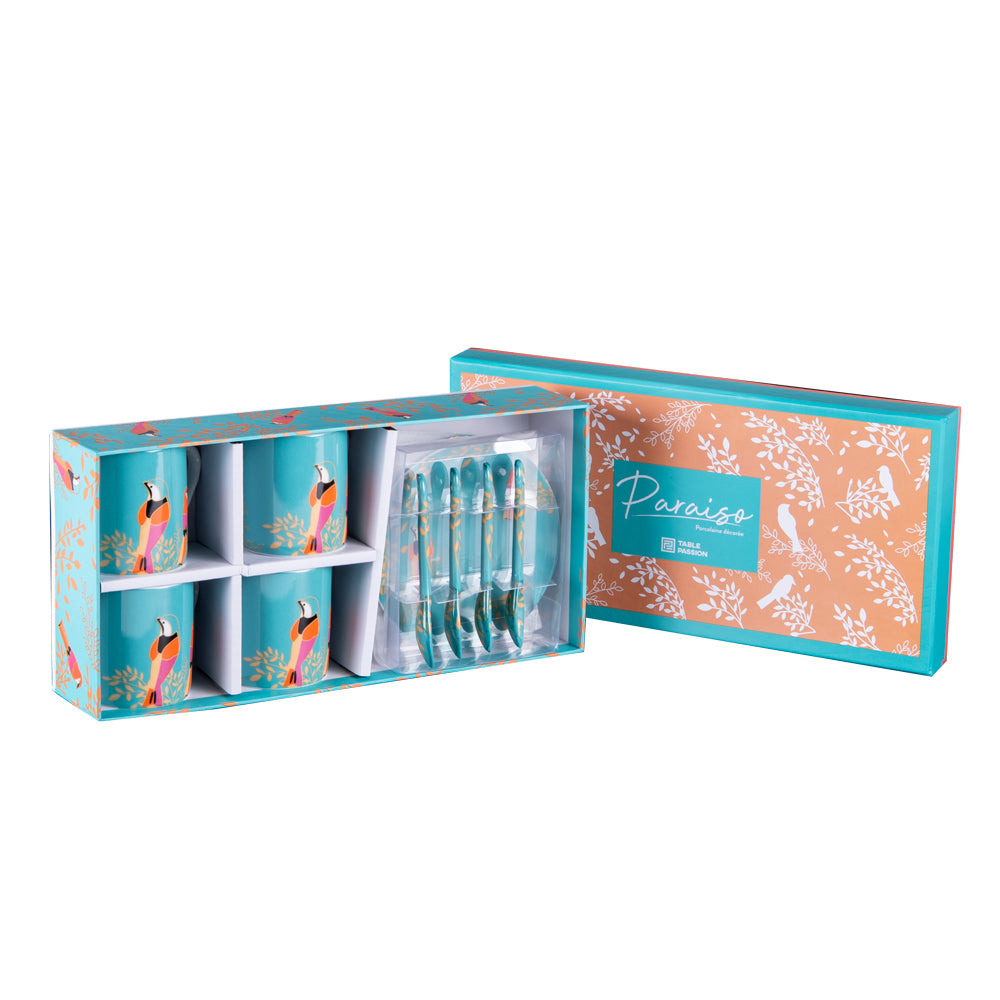 Coffret de 4 tasses à café Paraiso 10 cl, sous tasses et cuillères Table passion - Mathon - 2