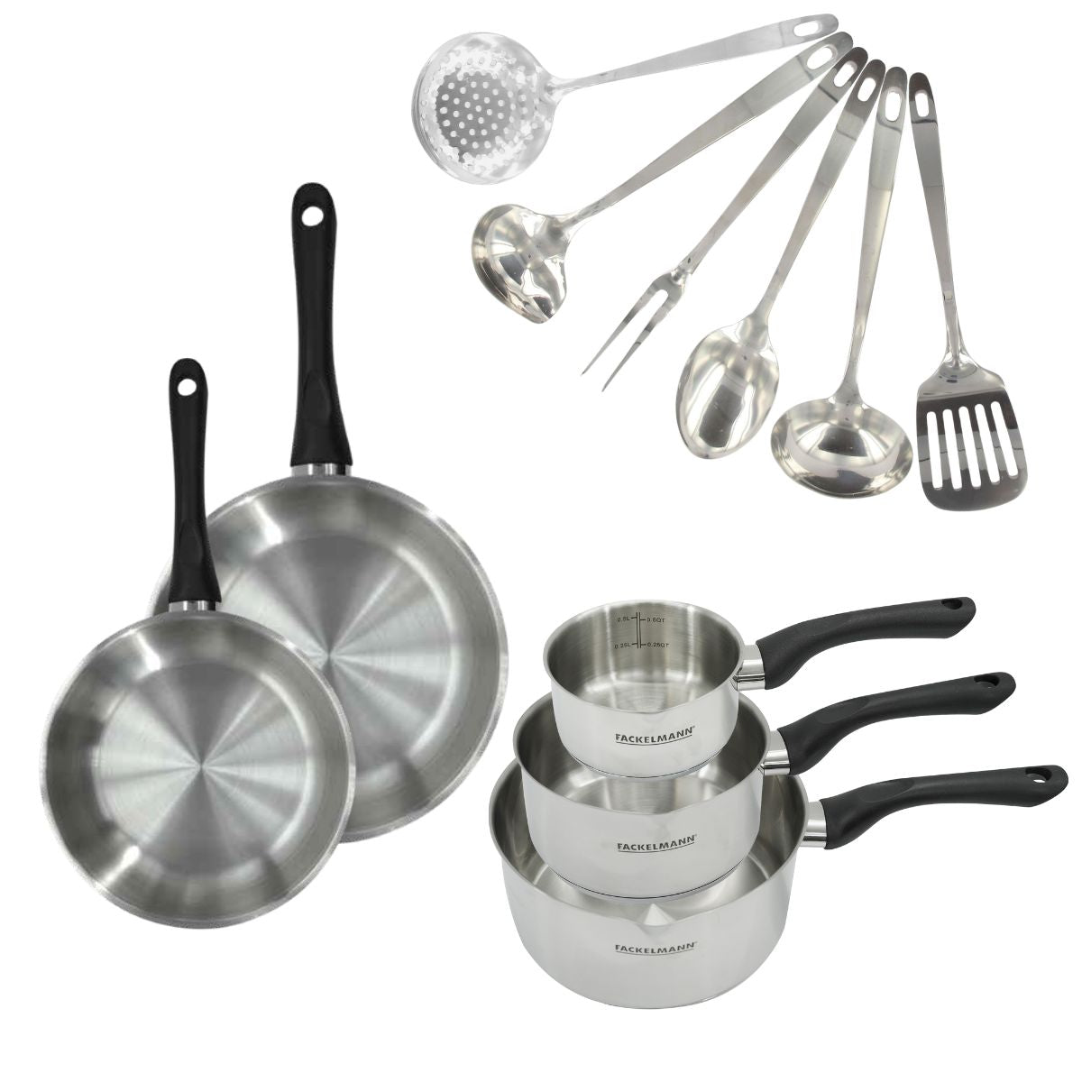 Set 2 poêles 20 et 24 cm, 3 casseroles en inox et 6 ustensiles inox  Geneva Fackelmann - Mathon - 1