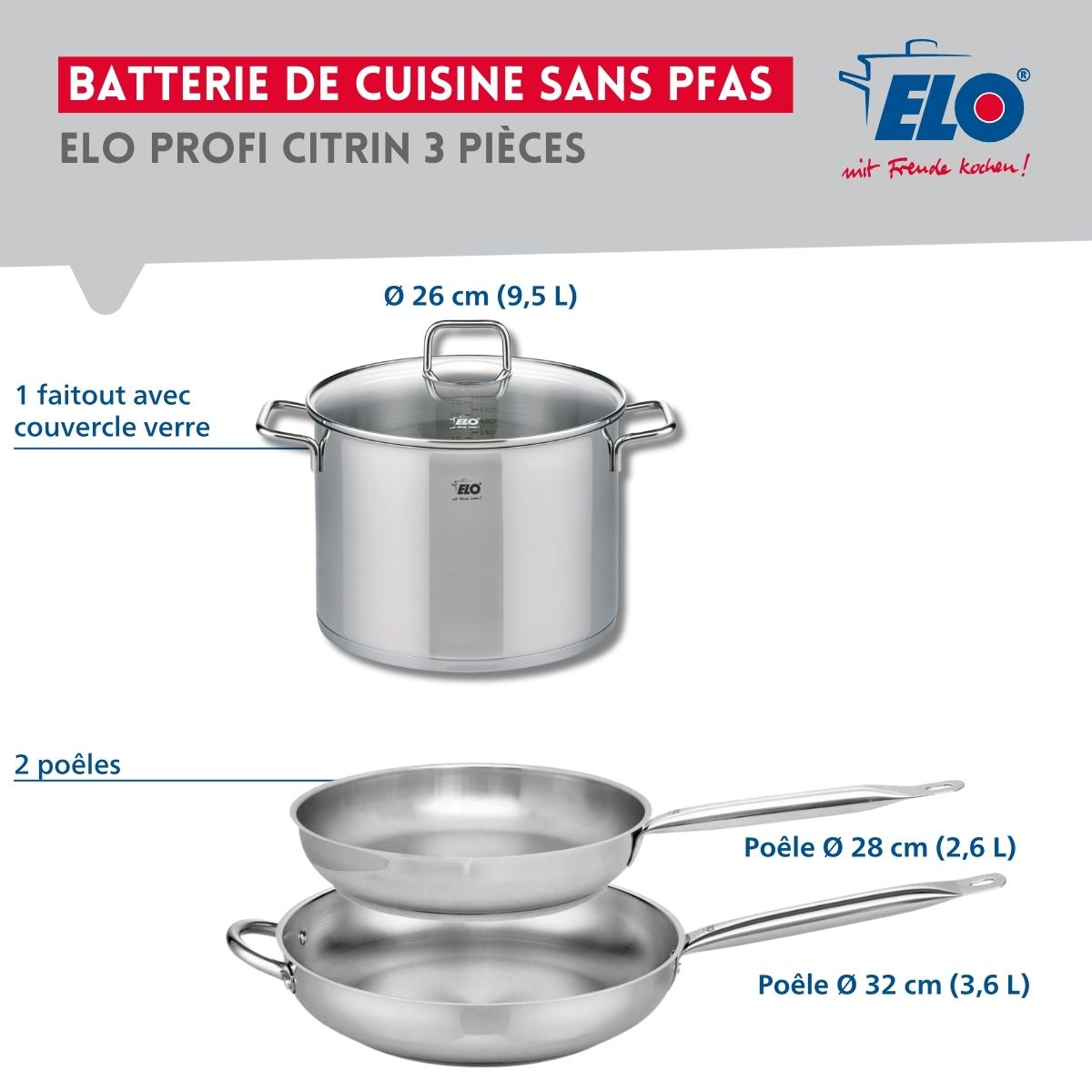 Ensemble de 2 Poêles de cuisson 28 et 32 cm et 1 faitout 26 cm  Profi Citrin Elo - Mathon - 2