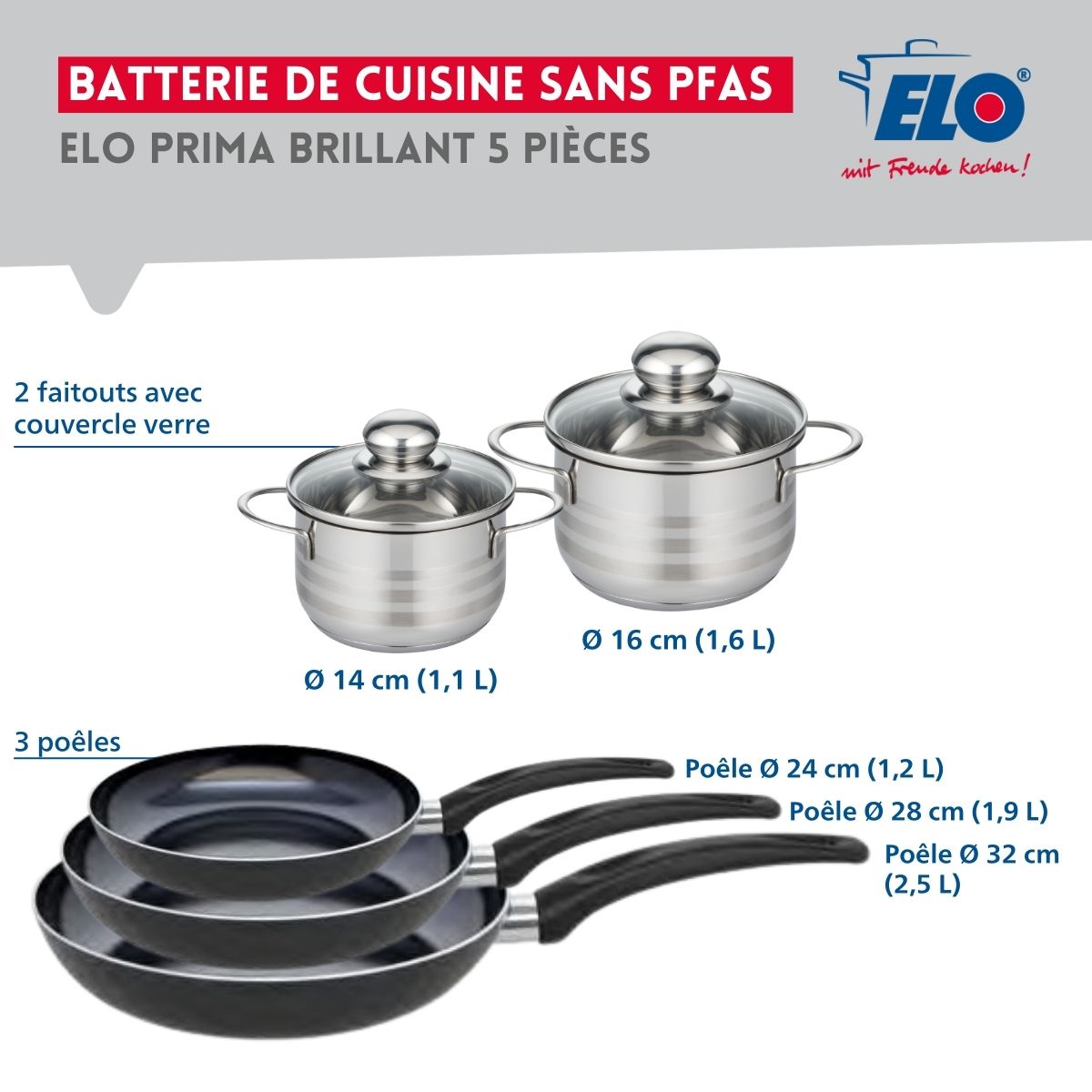 Ensemble de 3 Poêles de cuisson 24, 28 et 32 cm et 2 faitouts 14 et 16 cm  Prima Brillant Elo - Mathon - 2