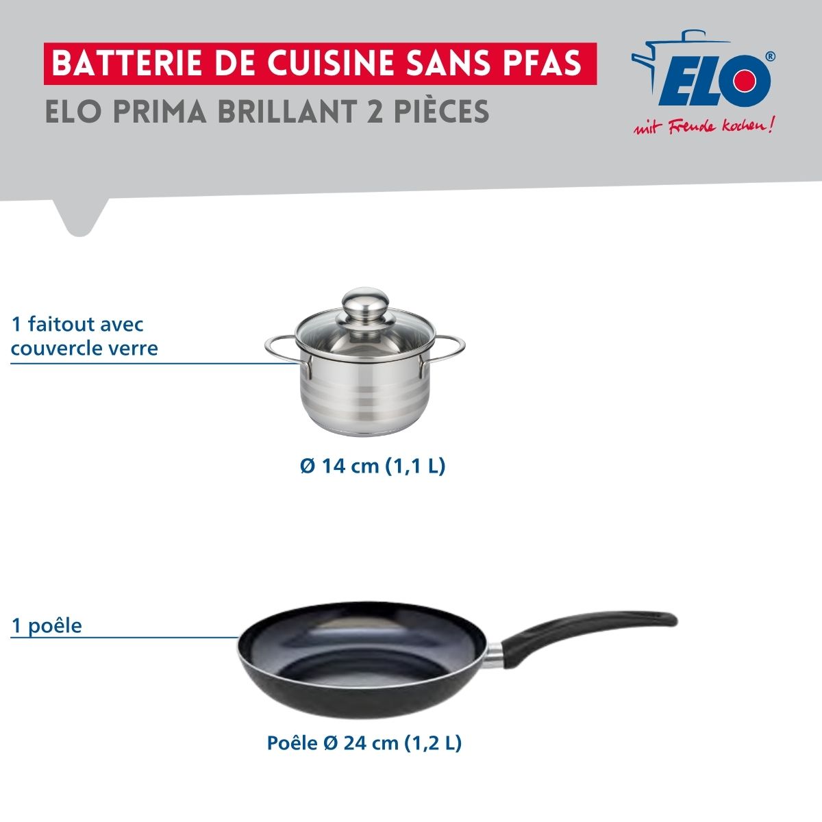 Ensemble de 1 Poêle de cuisson 24 cm et 1 faitout 14 cm  Prima Brillant Elo - Mathon - 2