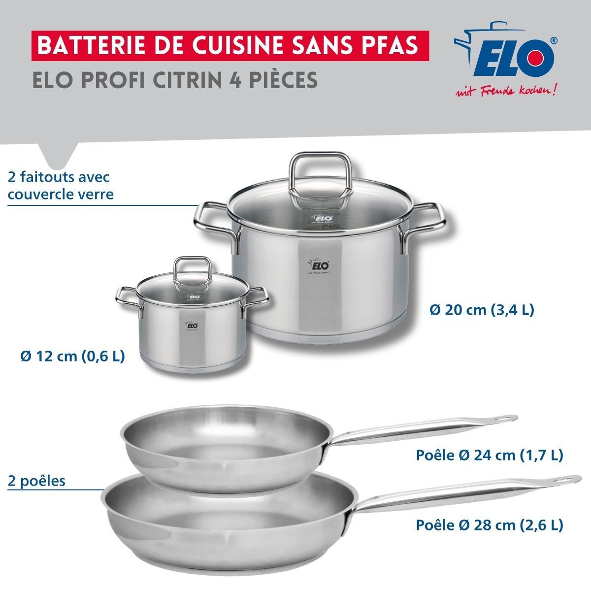 Set de 2 Poêles de cuisson 24 et 28 cm et 2 faitouts 12 et 20 cm  Profi Citrin Elo - Mathon - 2