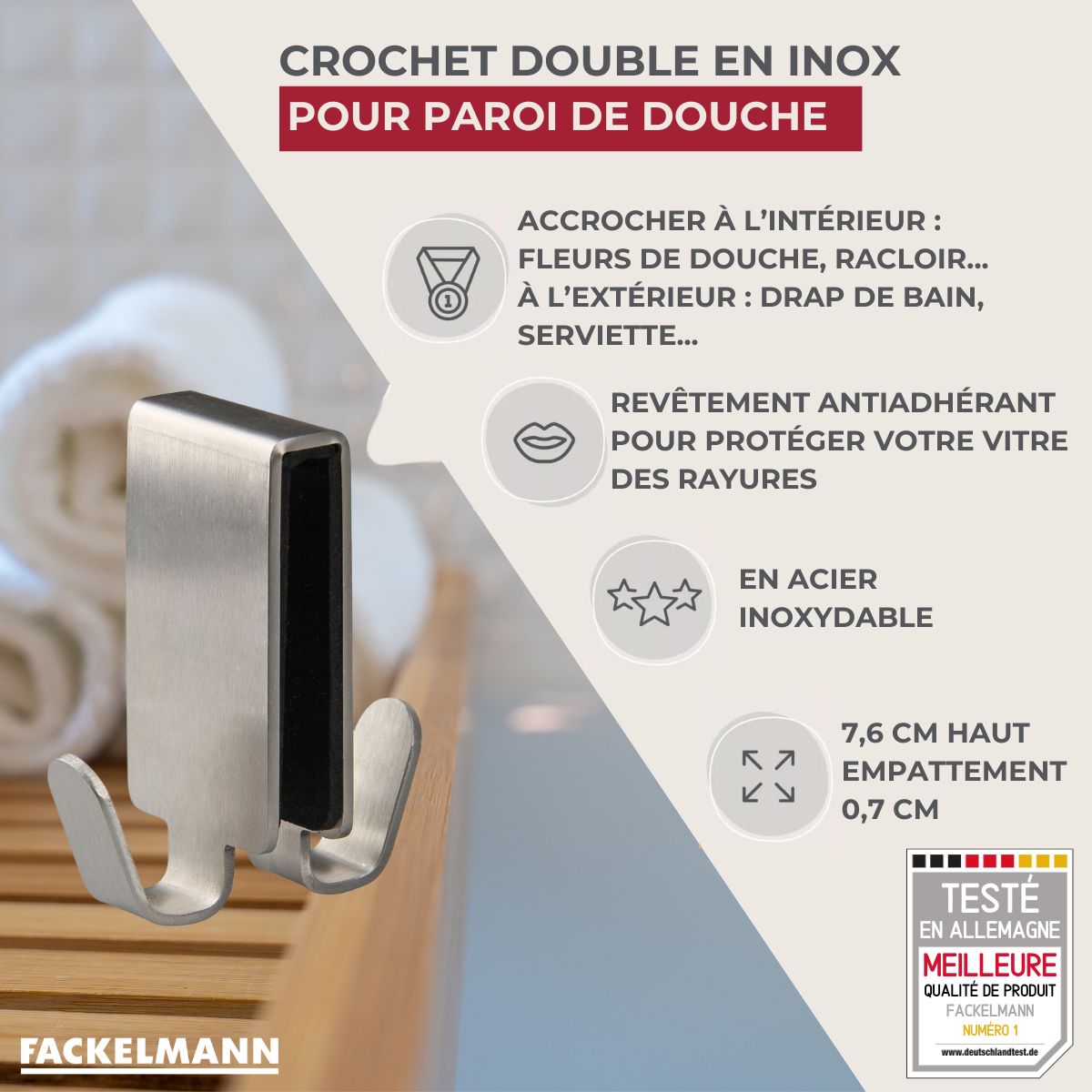 Double crochet pour paroi de douche en inox  Tecno Fackelmann - Mathon - 3