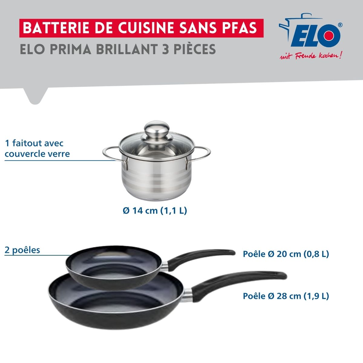 Ensemble de 2 Poêles de cuisson 20 et 28 cm et 1 faitout 14 cm  Prima Brillant Elo - Mathon - 2