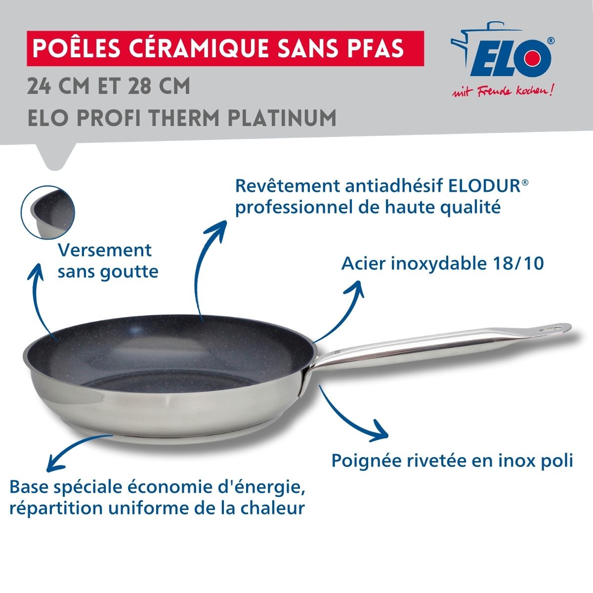 Set de 3 Poêles 24, 28 et 32 cm céramique sans PFAS Profi Therm Platinum Elo - Mathon - 3