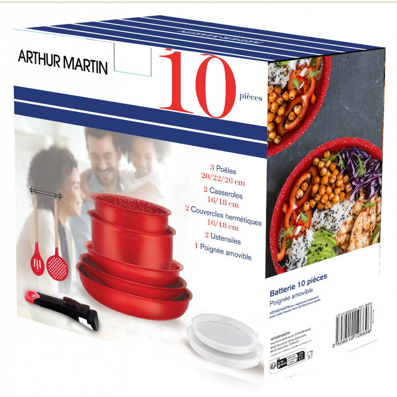 Batterie de cuisine avec manche amovible 10 pièces Rouge Arthur Martin AMR41 Arthur Martin - Mathon - 3