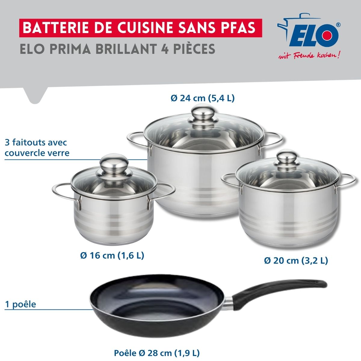 Ensemble de 1 Poêle de cuisson 28 cm et 3 faitouts 16, 20 et 24 cm  Prima Brillant Elo - Mathon - 2
