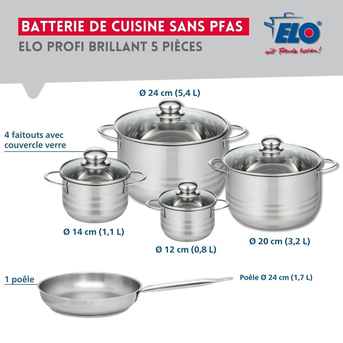 Ensemble de 1 Poêle de cuisson 24 cm et 4 faitouts 12, 14, 20 et 24 cm  Profi Brillant Elo - Mathon - 2