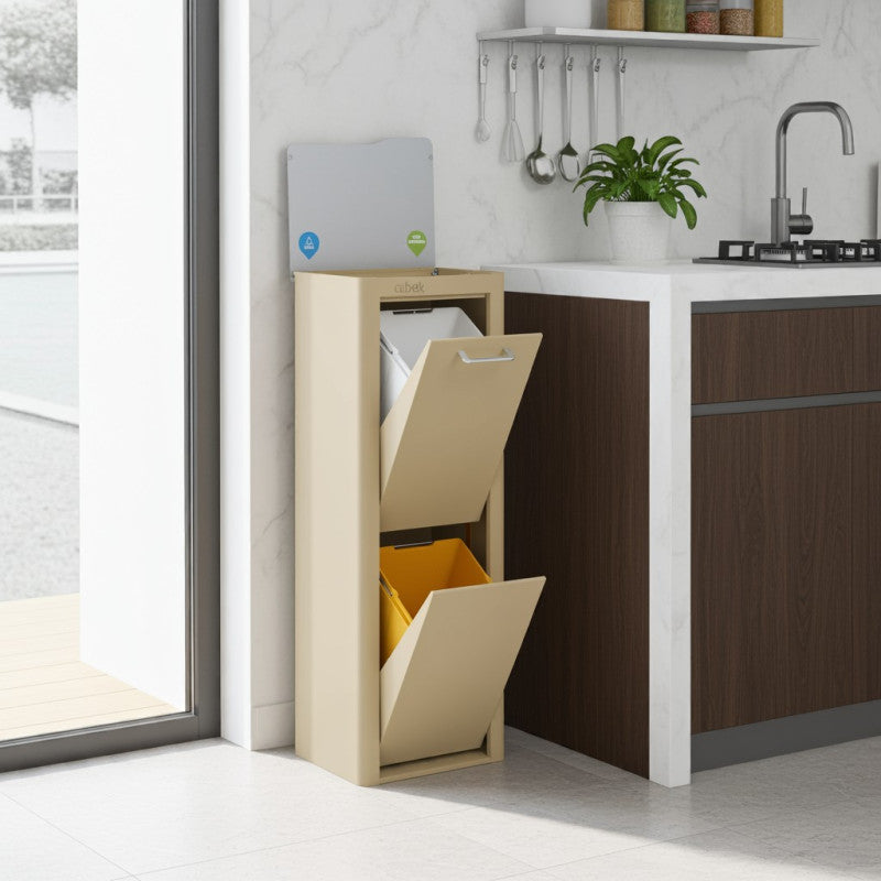 Poubelle cuisine de tri sélectif CUBEK, 2 compartiments de 20 litres, couleur Sable Don Hierro - Mathon - 2
