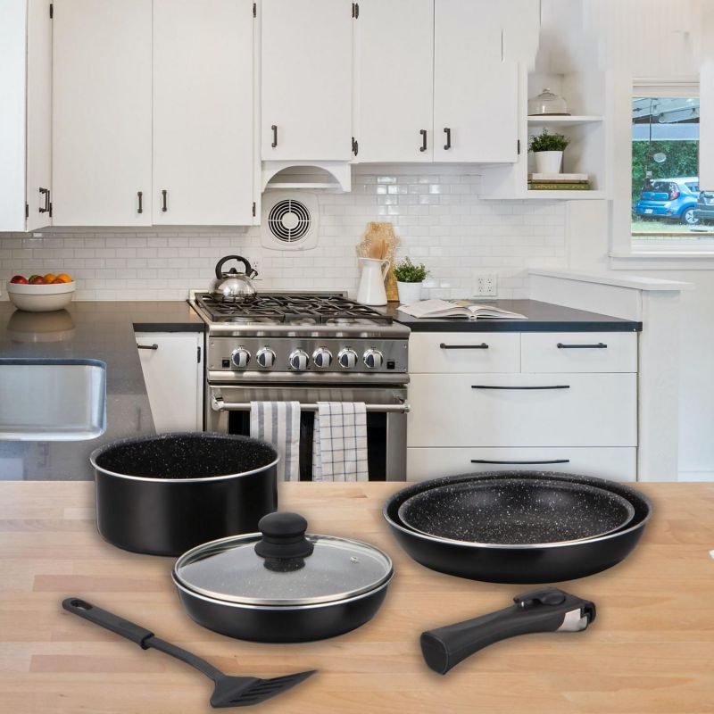 Batterie de cuisine revêtement pierre avec manche amovible 7 pièces noir Herzberg HG8090-7-BK Herzberg - Mathon - 3