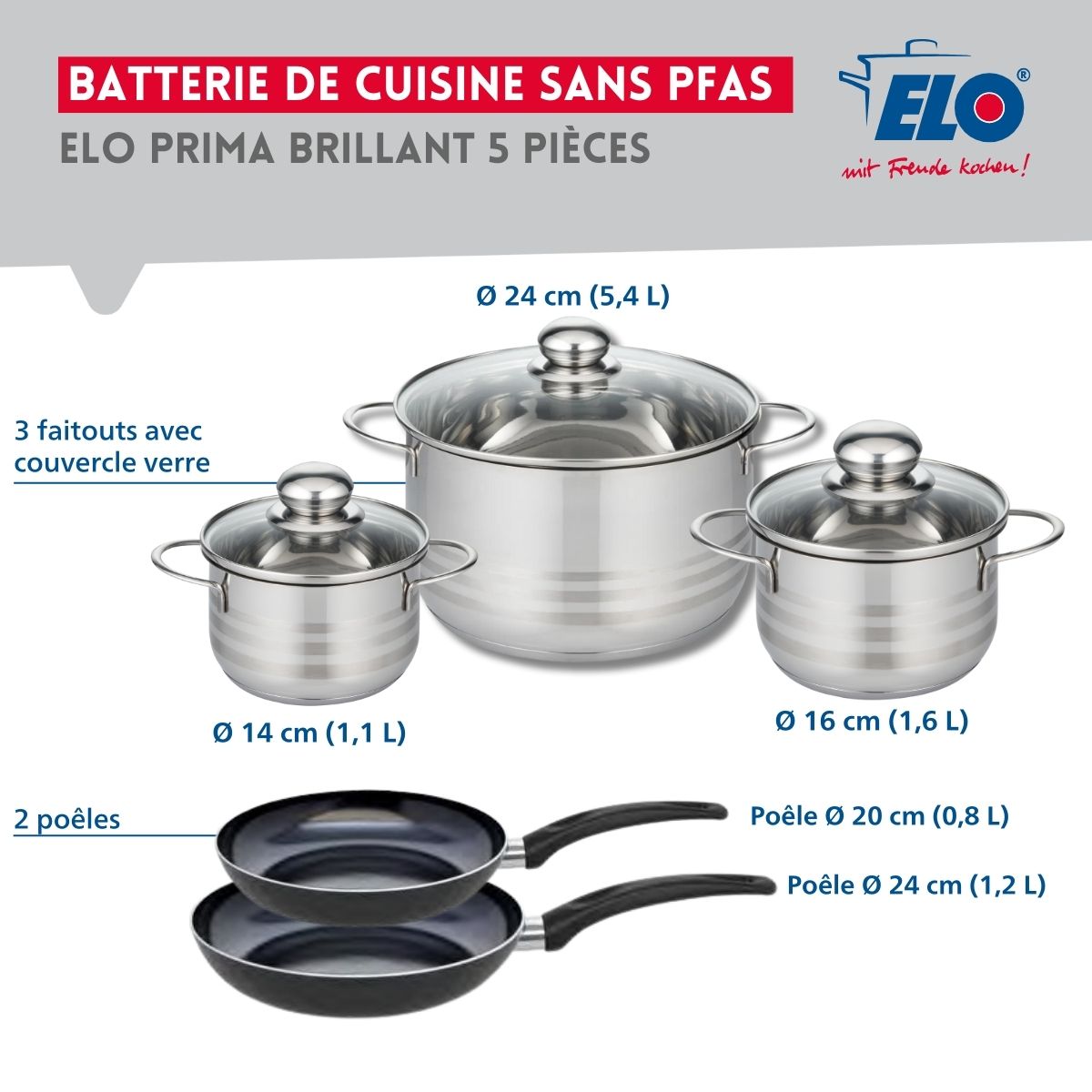 Ensemble de 2 Poêles de cuisson 20 et 24 cm et 3 faitouts 14, 16 et 24 cm  Prima Brillant Elo - Mathon - 2