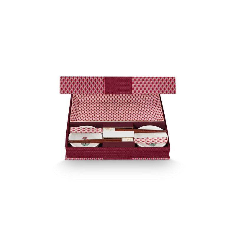 Coffret Cadeau 6 pcs - 2 plateaux, 2 assiettes rondes & Baguettes  - Oriental Flower Festival - Rose Pip Studio - Mathon - 1