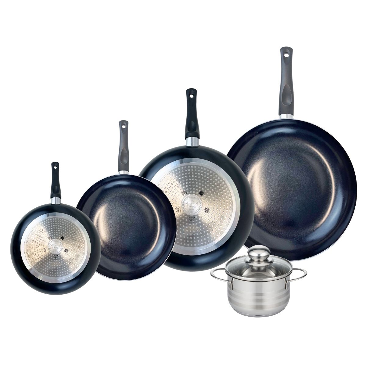 Ensemble de 4 Poêles de cuisson 20, 24, 28 et 32 cm et 1 faitout 14 cm  Prima Brillant Elo - Mathon - 1