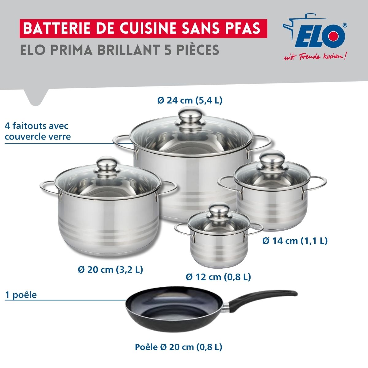 Ensemble de 1 Poêle de cuisson 20 cm et 4 faitouts 12, 14, 20 et 24 cm  Prima Brillant Elo - Mathon - 2