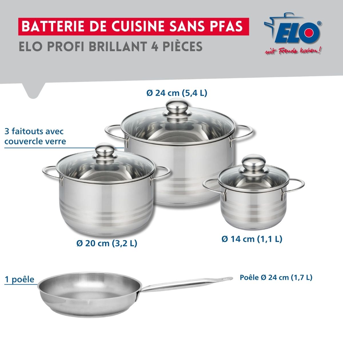 Ensemble de 1 Poêle de cuisson 24 cm et 3 faitouts 14, 20 et 24 cm  Profi Brillant Elo - Mathon - 2
