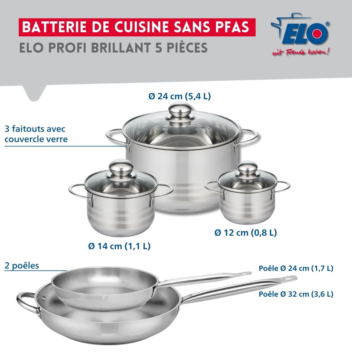 Ensemble de 2 Poêles de cuisson 24 et 32 cm et 3 faitouts 12, 14 et 24 cm  Profi Brillant Elo - Mathon - 2