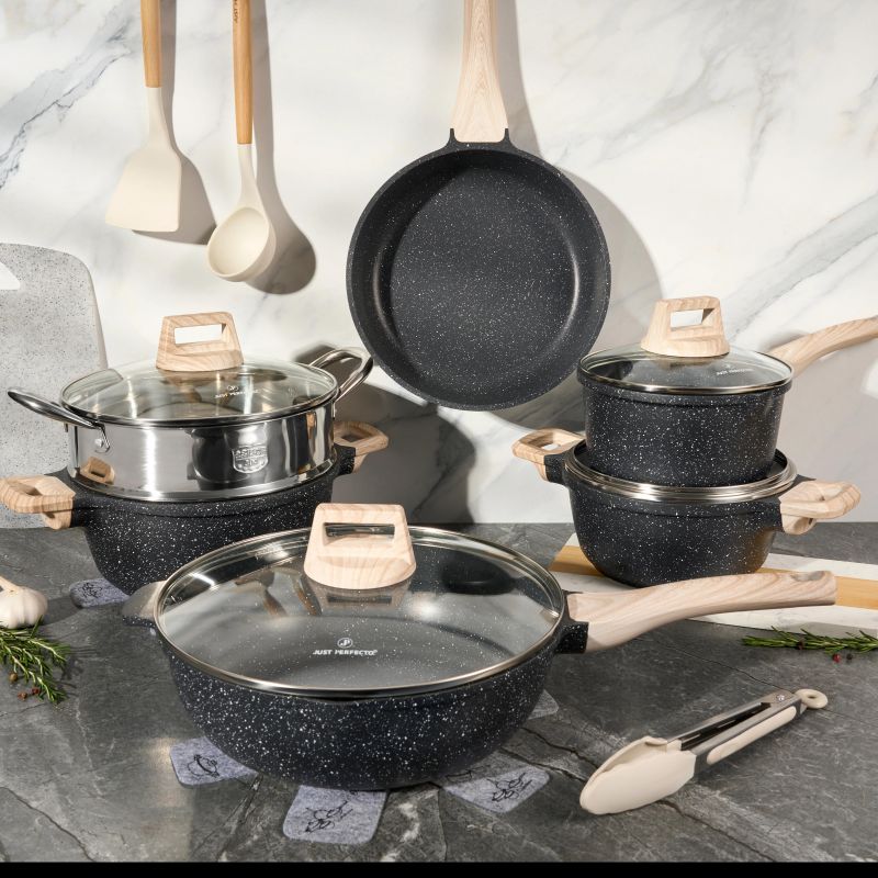 Batterie de cuisine 15 pièces avec cuiseur à vapeur Antiadhésif en Granit noir - Tous feux dont induction Just perfecto JL-780 Just Perfecto - Mathon - 6