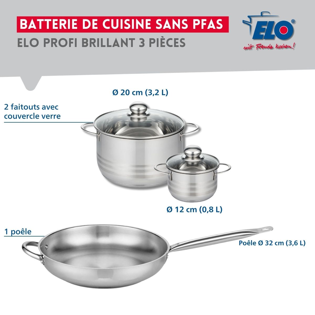 Ensemble de 1 Poêle de cuisson 32 cm et 2 faitouts 12 et 20 cm  Profi Brillant Elo - Mathon - 2