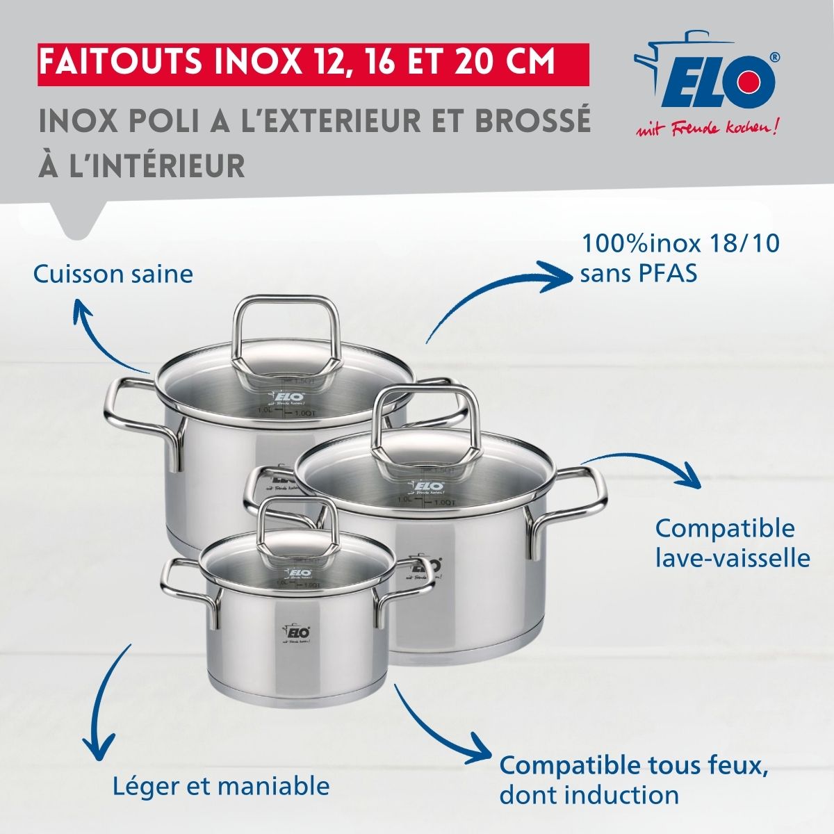 Set de 3 faitouts 12 cm 16 cm et 20 cm avec couvercles en verre  Citrin Elo - Mathon - 3