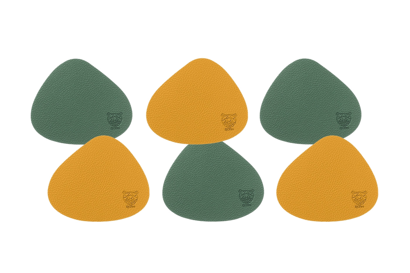 Sous-verre curve réversible - 6 pièces - Cuir recyclé jaune moutarde et vert sapin Björn - Mathon - 1