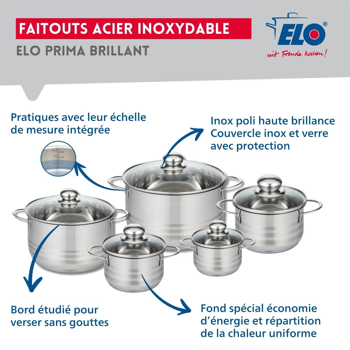 Ensemble de 1 Poêle de cuisson 28 cm et 5 faitouts 12, 14, 16, 20 et 24 cm  Prima Brillant Elo - Mathon - 3