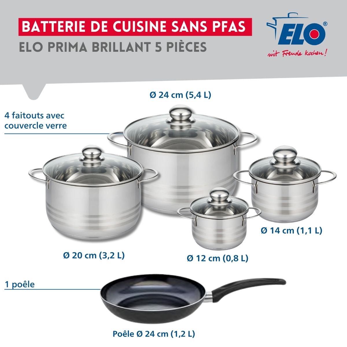 Ensemble de 1 Poêle de cuisson 24 cm et 4 faitouts 12, 14, 20 et 24 cm  Prima Brillant Elo - Mathon - 2