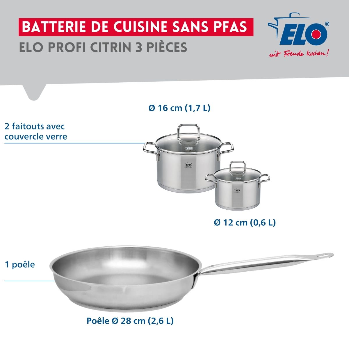 Ensemble de 1 Poêle de cuisson 28 cm et 2 faitouts 12 et 16 cm  Profi Citrin Elo - Mathon - 2