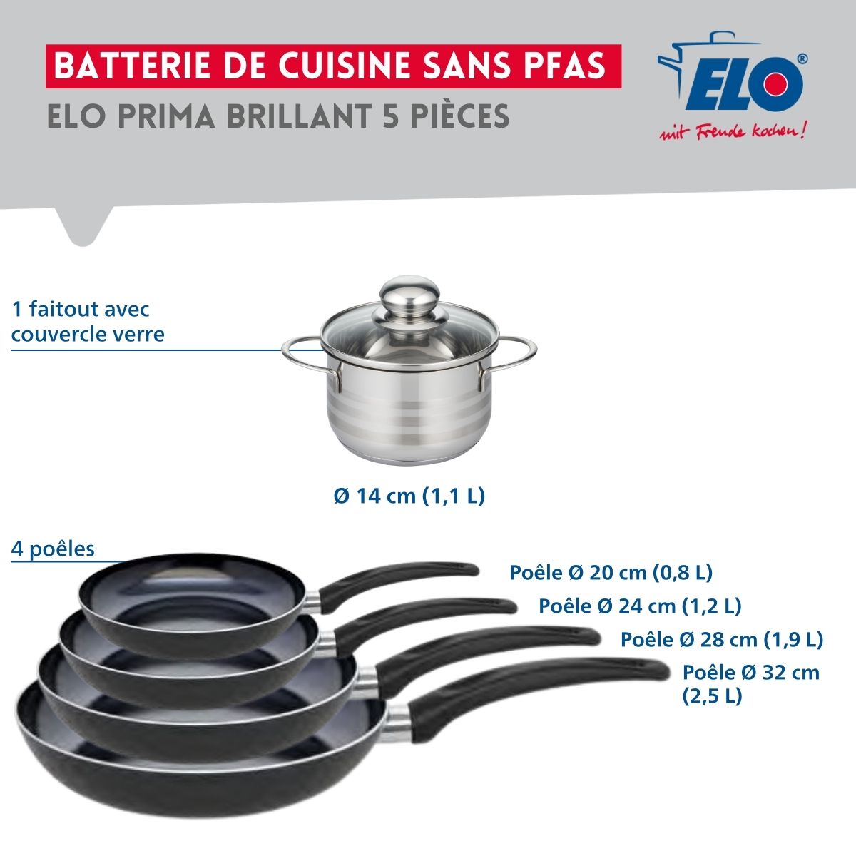 Ensemble de 4 Poêles de cuisson 20, 24, 28 et 32 cm et 1 faitout 14 cm  Prima Brillant Elo - Mathon - 2