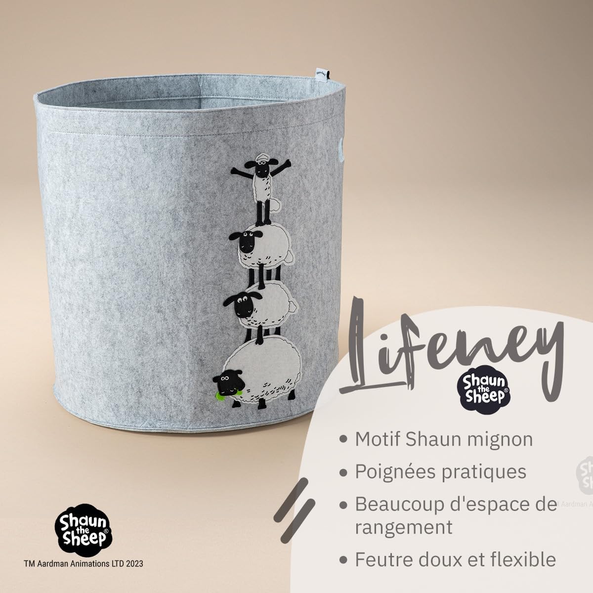 Panier à linge sale gris en feutre motif 4 moutons Lifeney Shaun le mouton Fackelmann - Mathon - 2