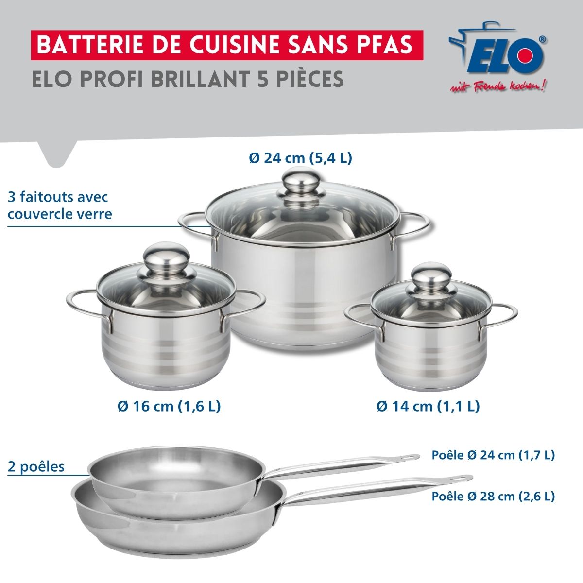 Ensemble de 2 Poêles de cuisson 24 et 28 cm et 3 faitouts 14, 16 et 24 cm  Profi Brillant Elo - Mathon - 2