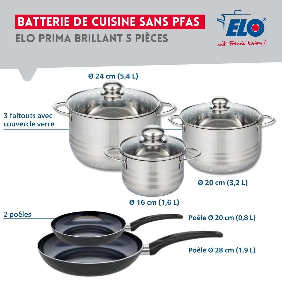 Ensemble de 2 Poêles de cuisson 20 et 28 cm et 3 faitouts 16, 20 et 24 cm  Prima Brillant Elo - Mathon - 2