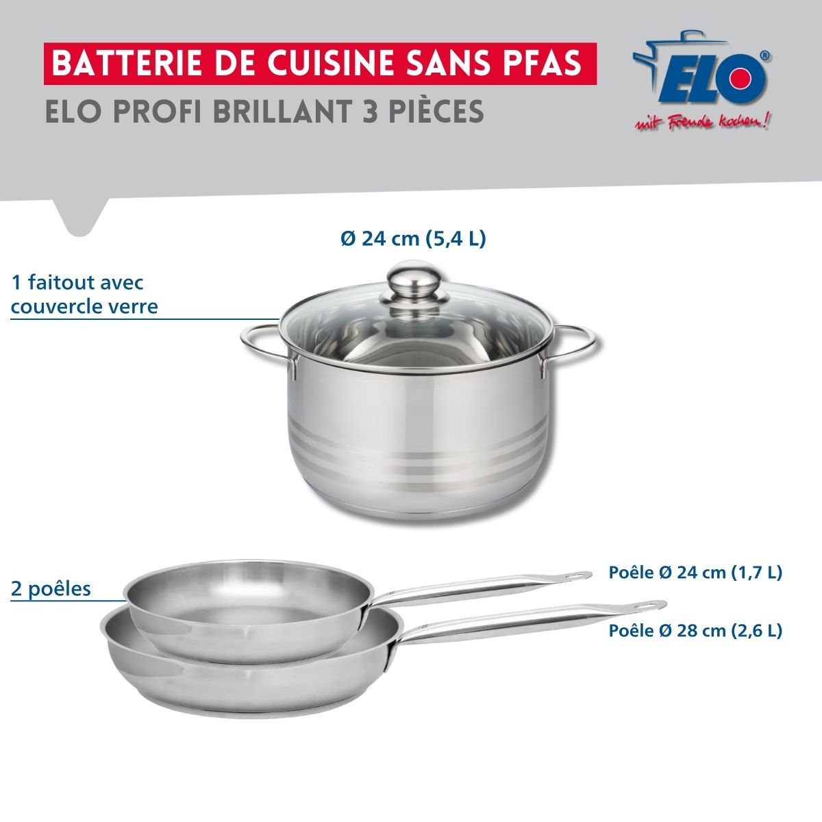 Ensemble de 2 Poêles de cuisson 24 et 28 cm et 1 faitout 24 cm  Profi Brillant Elo - Mathon - 2