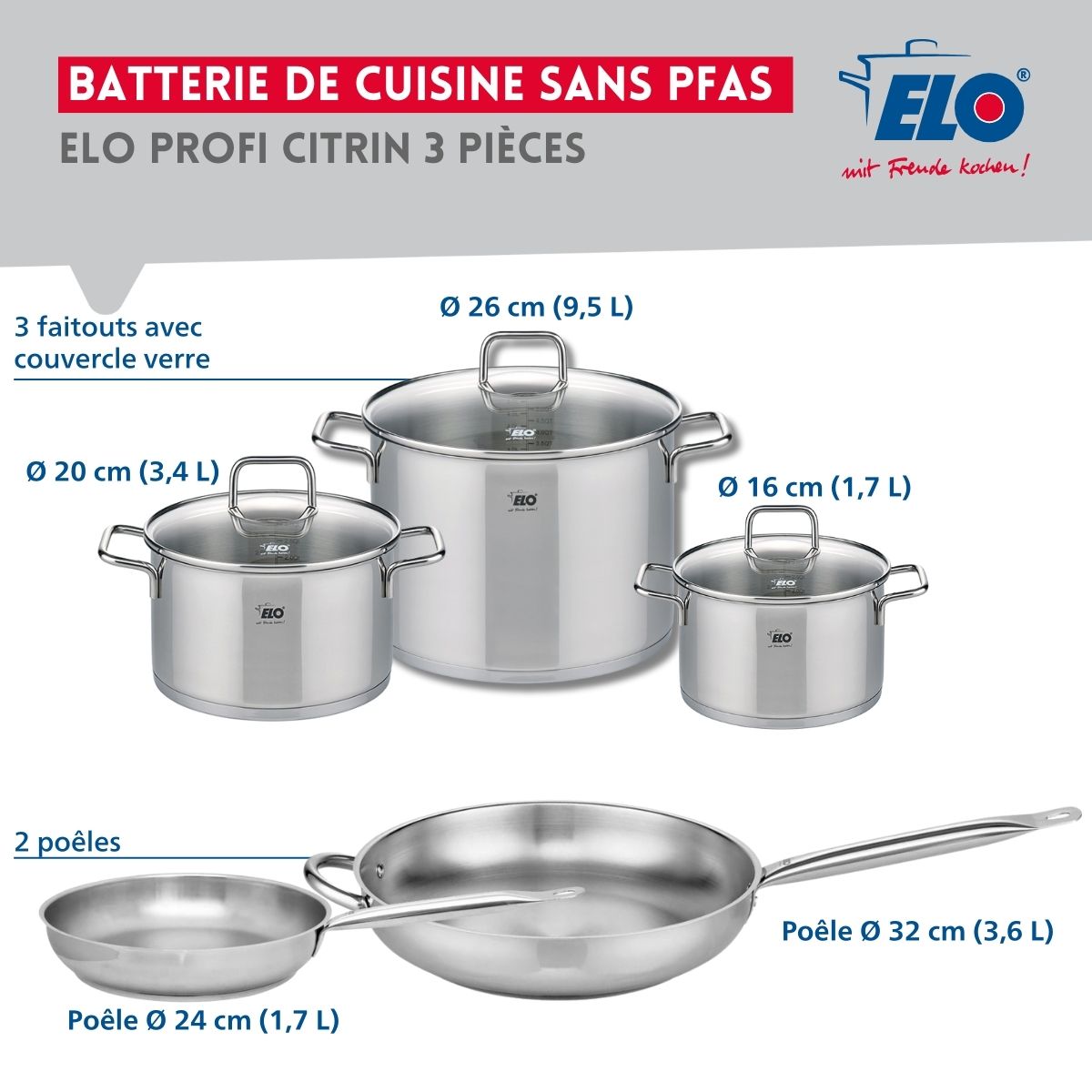 Ensemble de 2 Poêles de cuisson 24 et 32 cm et 3 faitouts 16, 20 et 26 cm  Profi Citrin Elo - Mathon - 2