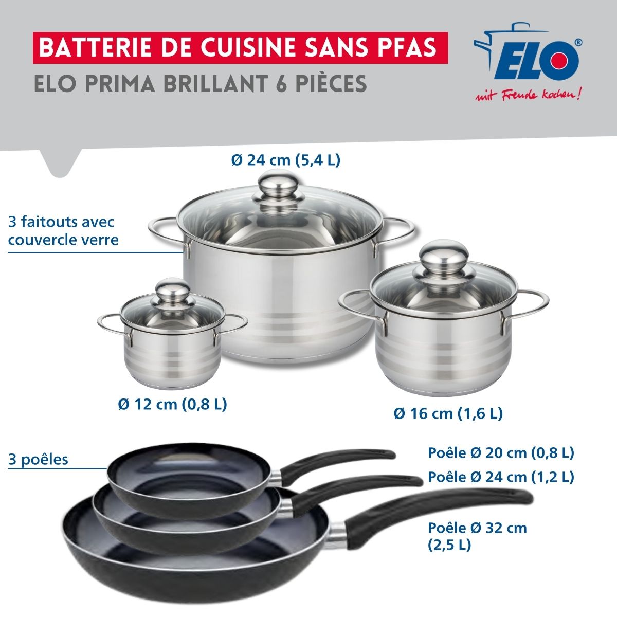 Ensemble de 3 Poêles de cuisson 20, 24 et 32 cm et 3 faitouts 12, 16 et 24 cm  Prima Brillant Elo - Mathon - 2
