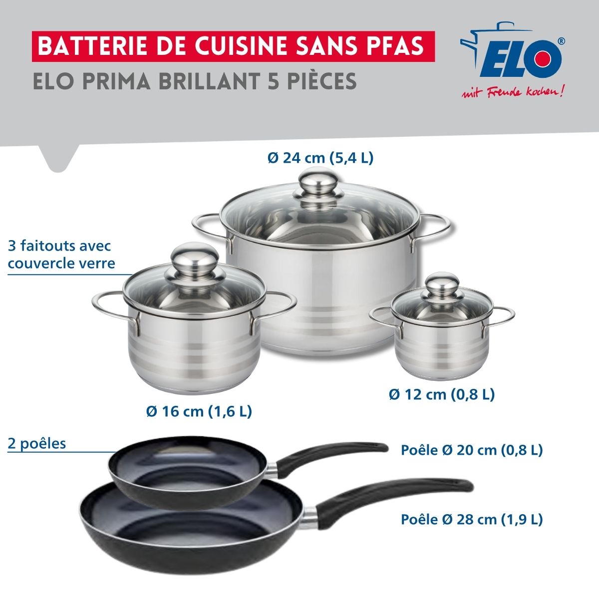 Ensemble de 2 Poêles de cuisson 20 et 28 cm et 3 faitouts 12, 16 et 24 cm  Prima Brillant Elo - Mathon - 2
