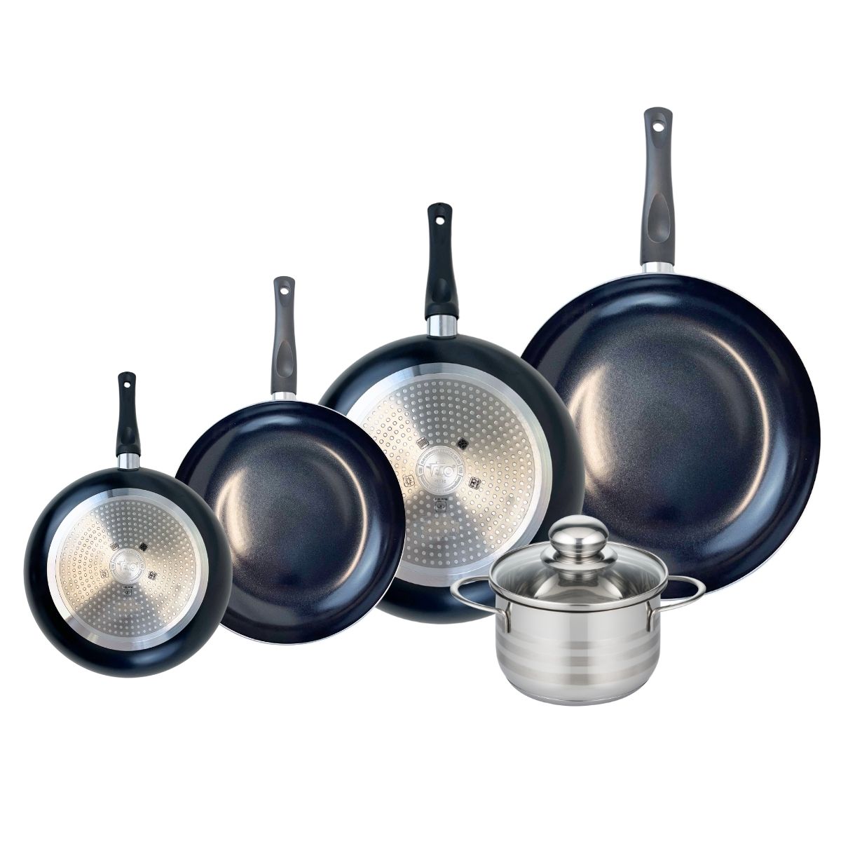 Ensemble de 4 Poêles de cuisson 20, 24, 28 et 32 cm et 1 faitout 16 cm  Prima Brillant Elo - Mathon - 1