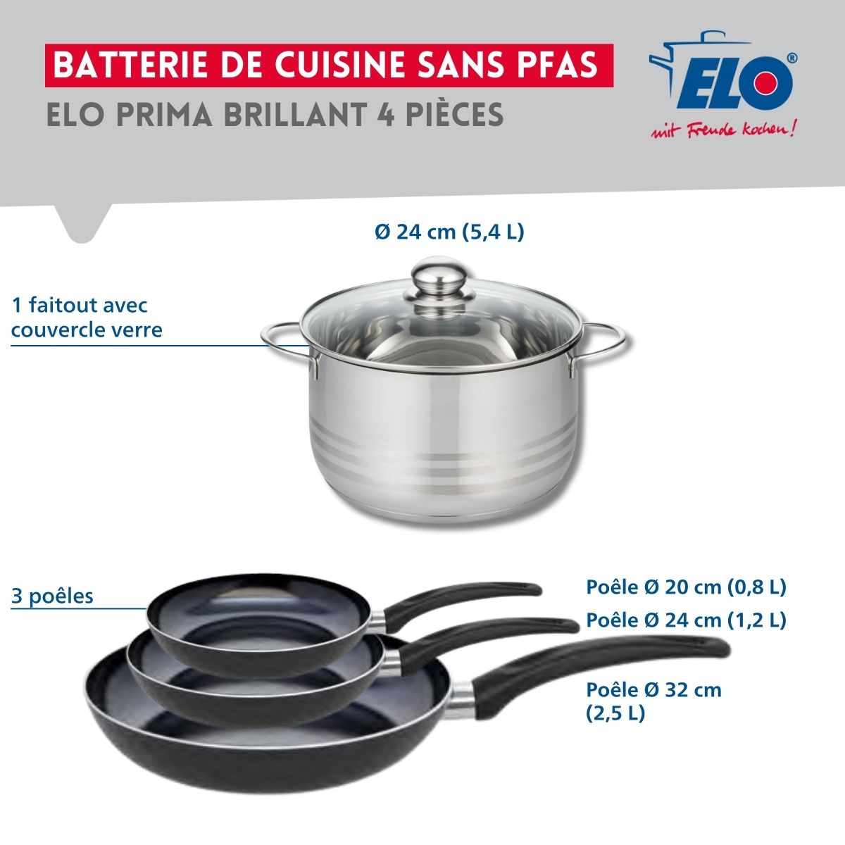 Ensemble de 3 Poêles de cuisson 20, 24 et 32 cm et 1 faitout 24 cm  Prima Brillant Elo - Mathon - 2