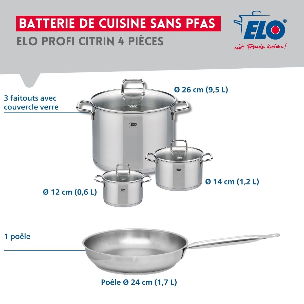 Ensemble de 1 Poêle de cuisson 24 cm et 3 faitouts 12, 14 et 26 cm  Profi Citrin Elo - Mathon - 2