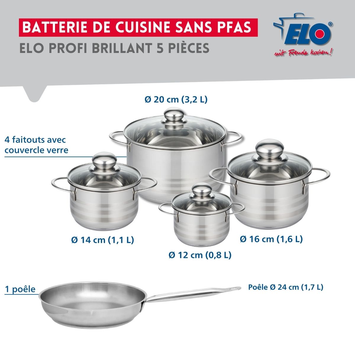 Ensemble de 1 Poêle de cuisson 24 cm et 4 faitouts 12, 14, 16 et 20 cm  Profi Brillant Elo - Mathon - 2