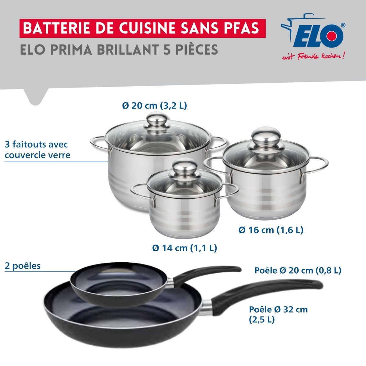 Ensemble de 2 Poêles de cuisson 20 et 32 cm et 3 faitouts 14, 16 et 20 cm  Prima Brillant Elo - Mathon - 2