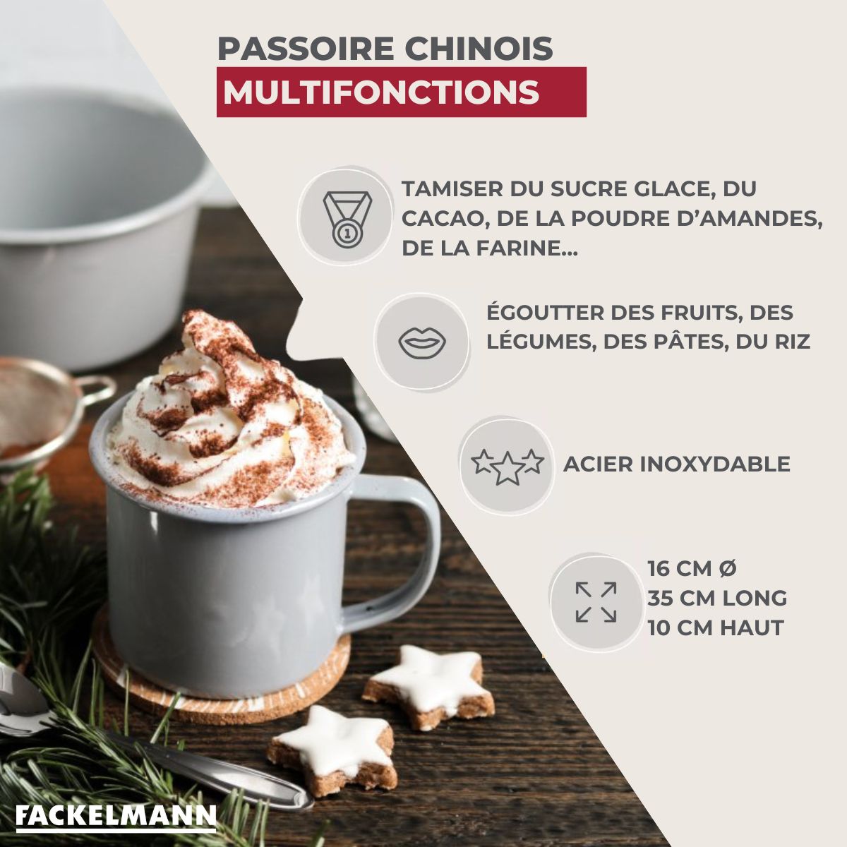 Passoire Chinois 16 cm de diamètre en inox Fackelmann - Mathon - 3