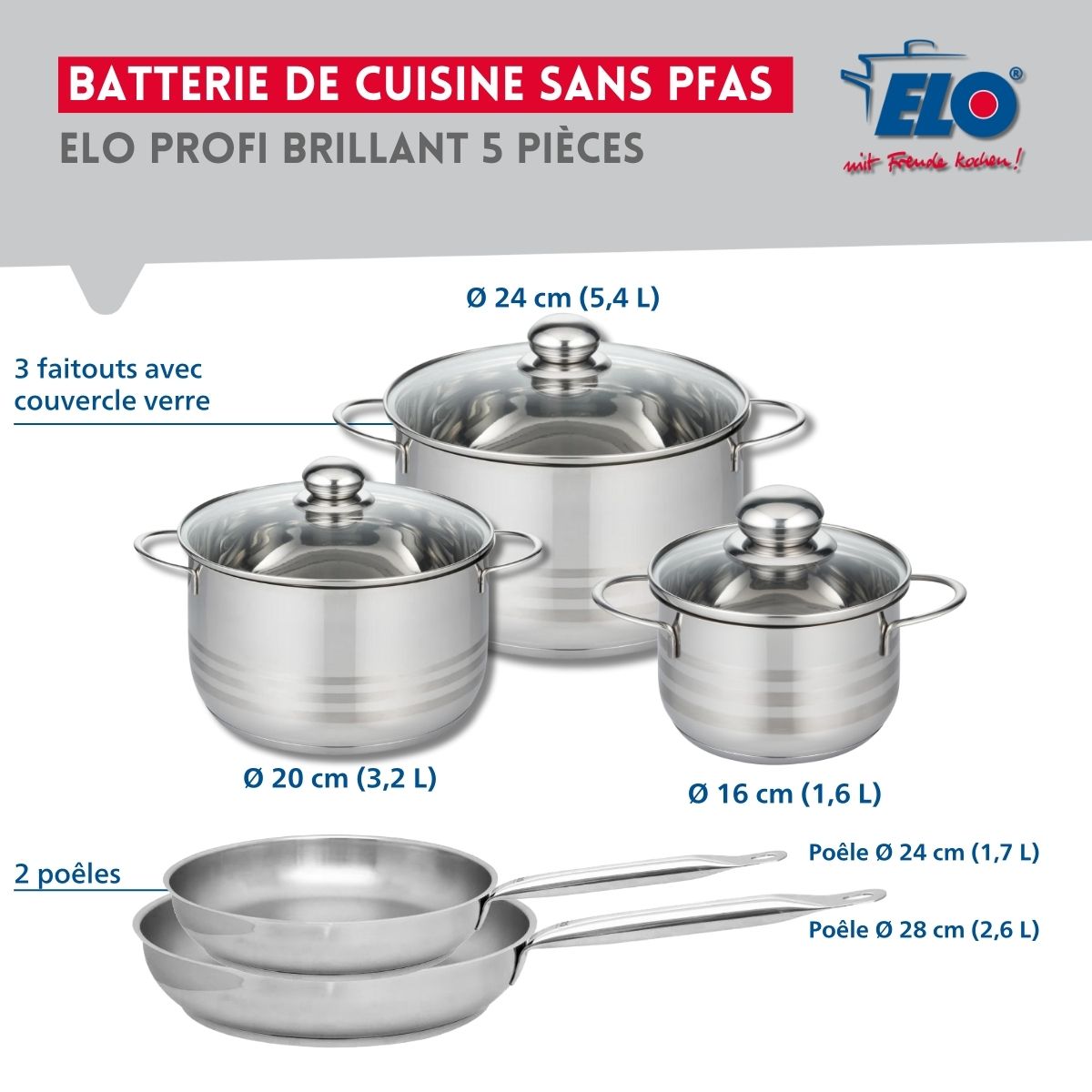Ensemble de 2 Poêles de cuisson 24 et 28 cm et 3 faitouts 16, 20 et 24 cm  Profi Brillant Elo - Mathon - 2