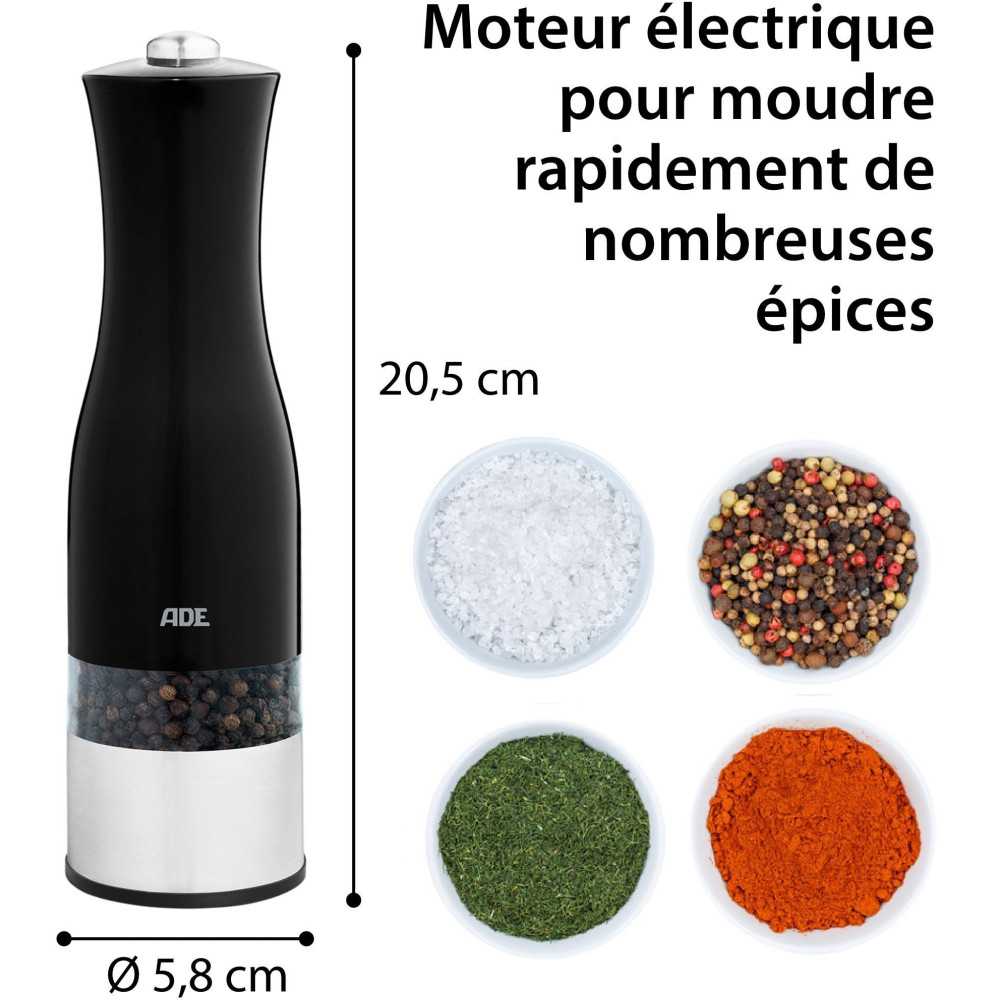 Moulin Poivre/sel électrique - Ade -kitchen Gadgets - Acier Inoxydable/plastique - H 22,5 Cm - Inclus 6 Pilles Aaa - Noir ADE - Mathon - 5