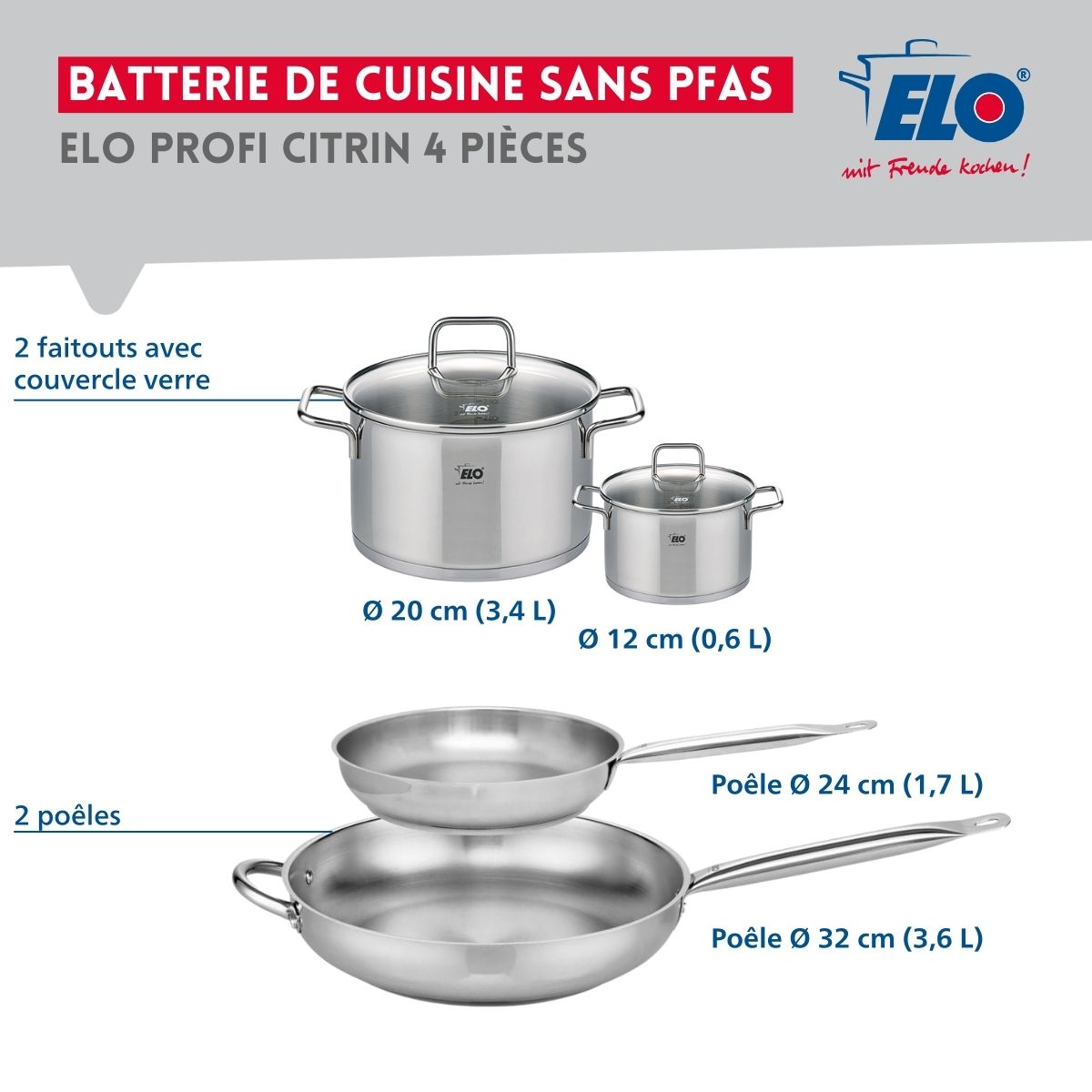 Ensemble de 2 Poêles de cuisson 24 et 32 cm et 2 faitouts 12 et 20 cm  Profi Citrin Elo - Mathon - 2