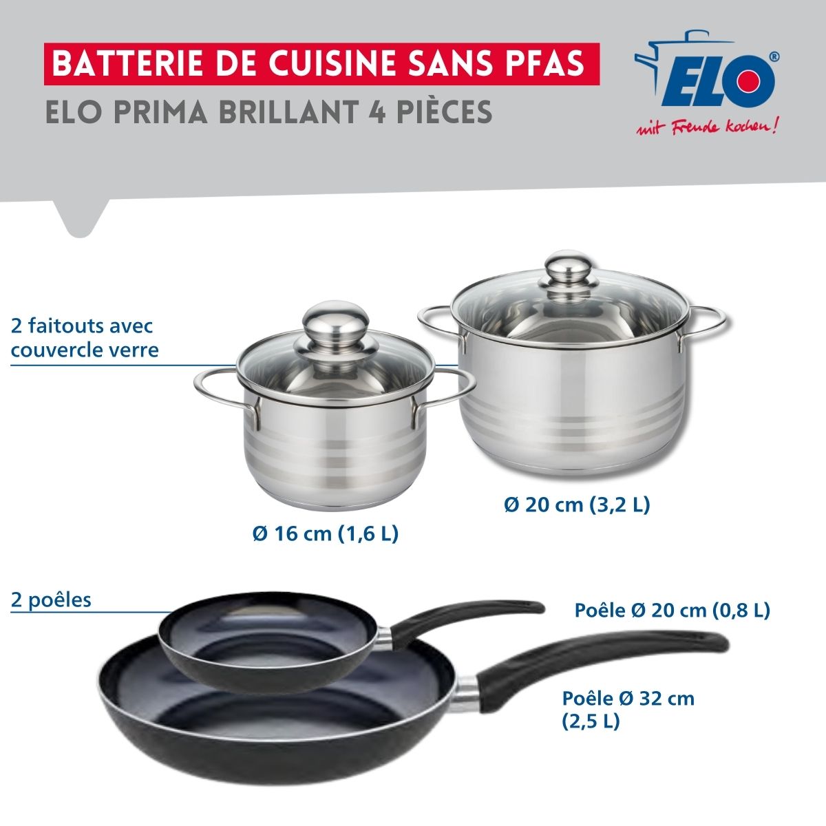 Ensemble de 2 Poêles de cuisson 20 et 32 cm et 2 faitouts 16 et 20 cm  Prima Brillant Elo - Mathon - 2