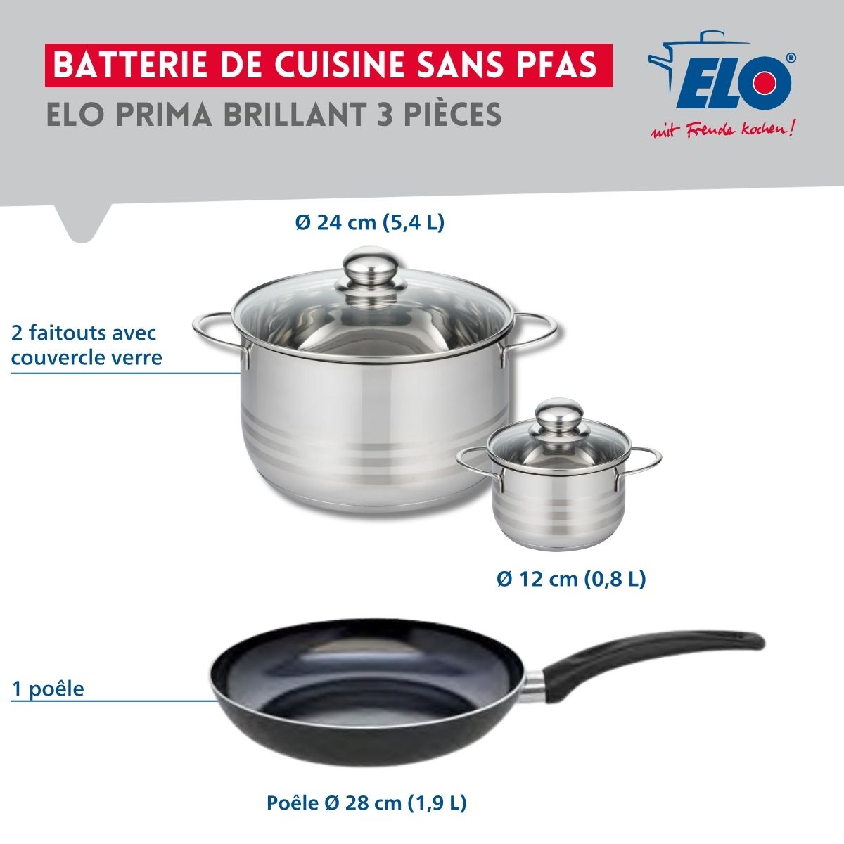 Ensemble de 1 Poêle de cuisson 28 cm et 2 faitouts 12 et 24 cm  Prima Brillant Elo - Mathon - 2