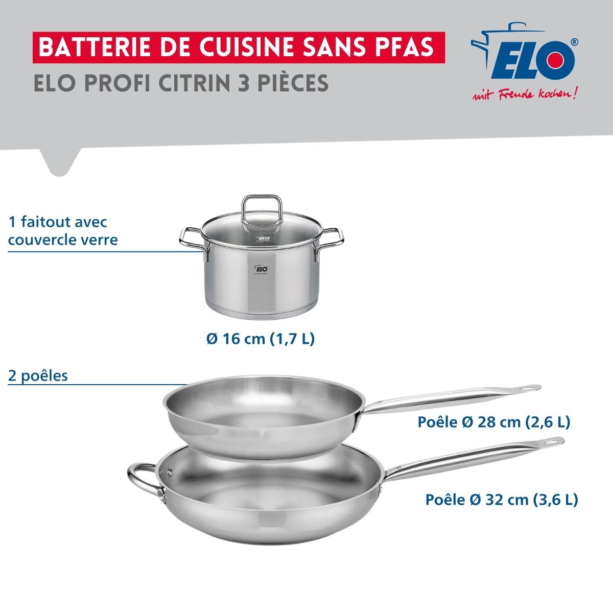 Ensemble de 2 Poêles de cuisson 28 et 32 cm et 1 faitout 16 cm  Profi Citrin Elo - Mathon - 2