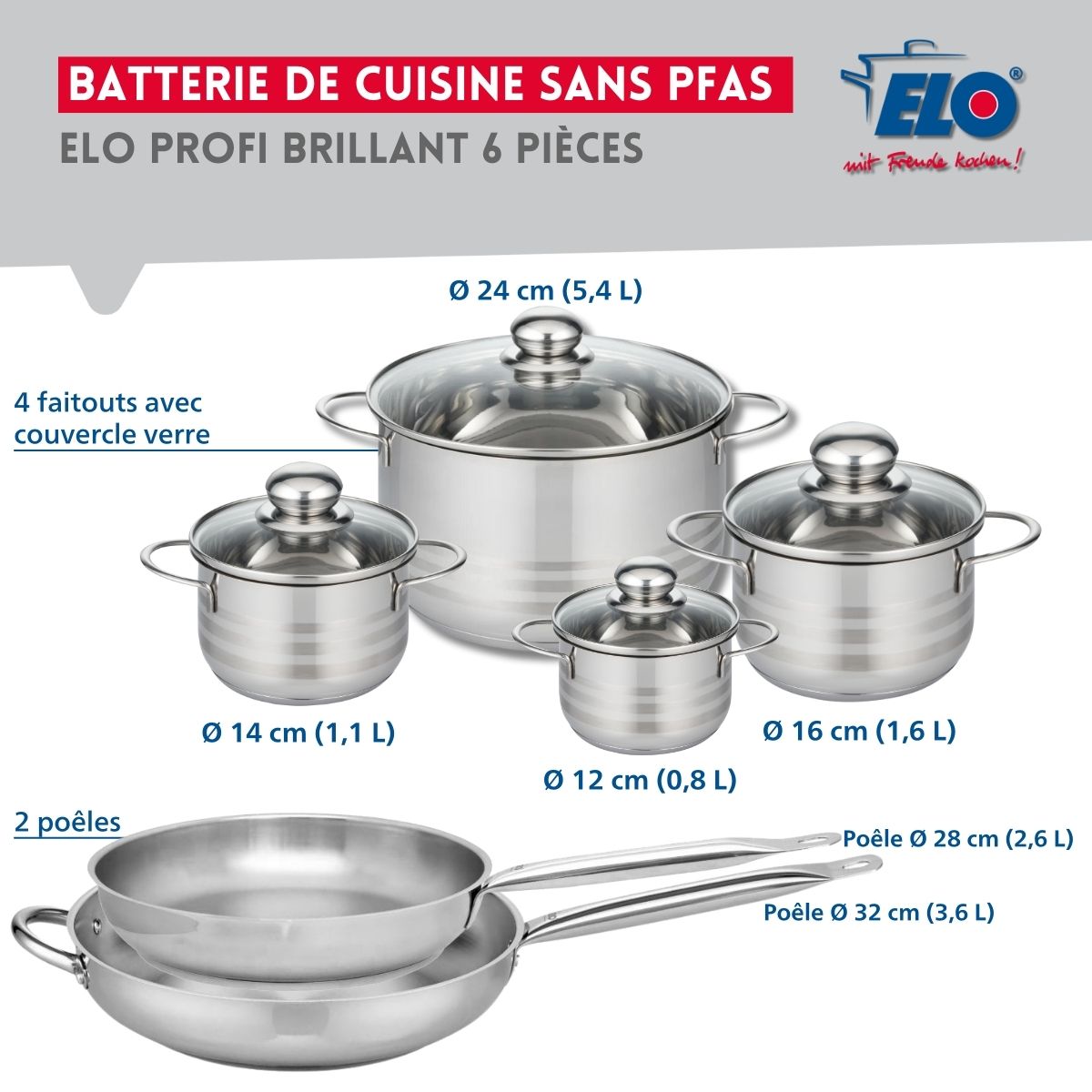 Ensemble de 2 Poêles de cuisson 28 et 32 cm et 4 faitouts 12, 14, 16 et 24 cm  Profi Brillant Elo - Mathon - 2
