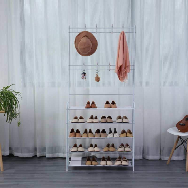 Meuble D'entrée 3 En 1 : étagère à Chaussures + Porte-manteau + Rangement | Métal Blanc, 60x25x152 Cm